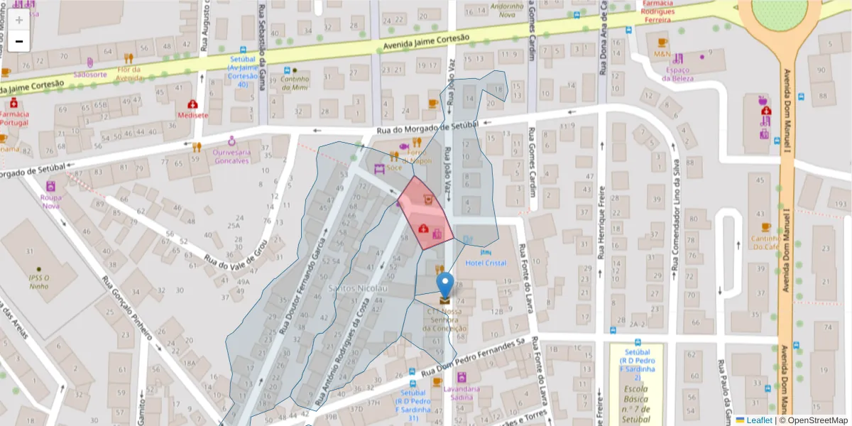 Mapa detalhado do código postal 2910-123 com limites, códigos postais vizinhos e agências dos correios