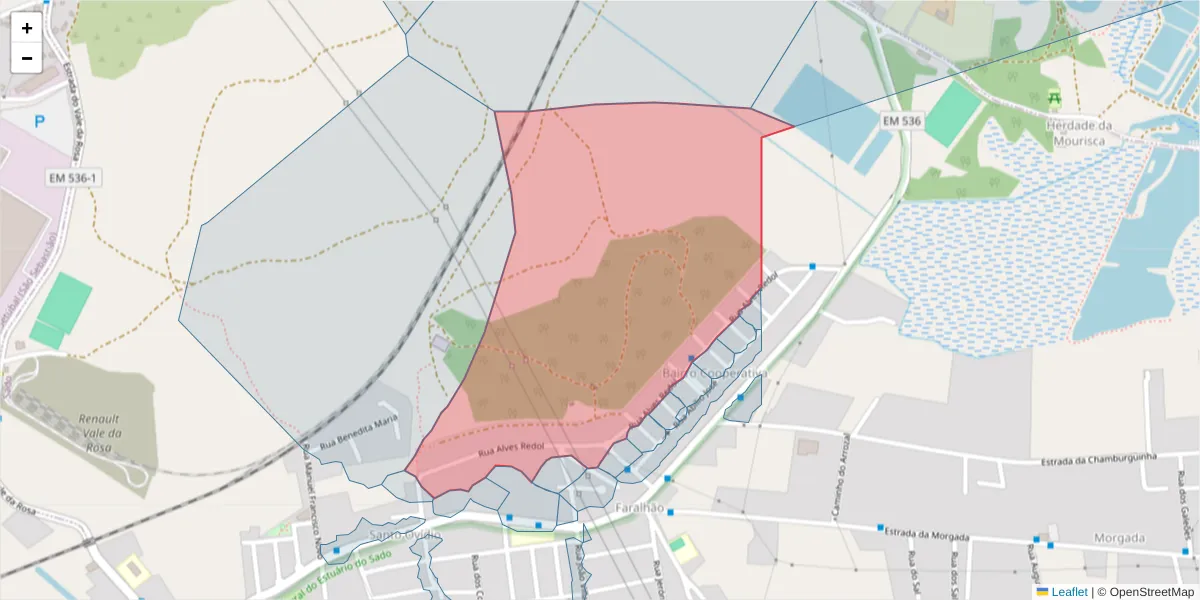 Mapa detalhado do código postal 2910-145 com limites, códigos postais vizinhos e agências dos correios