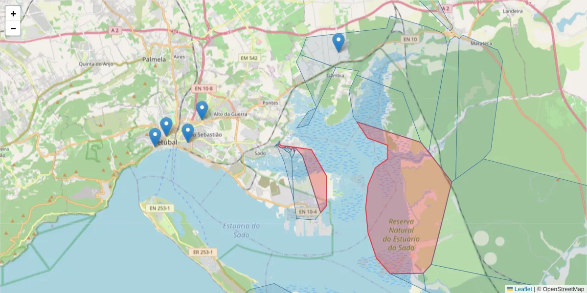 Mapa detalhado do código postal 2910-170 com limites, códigos postais vizinhos e agências dos correios