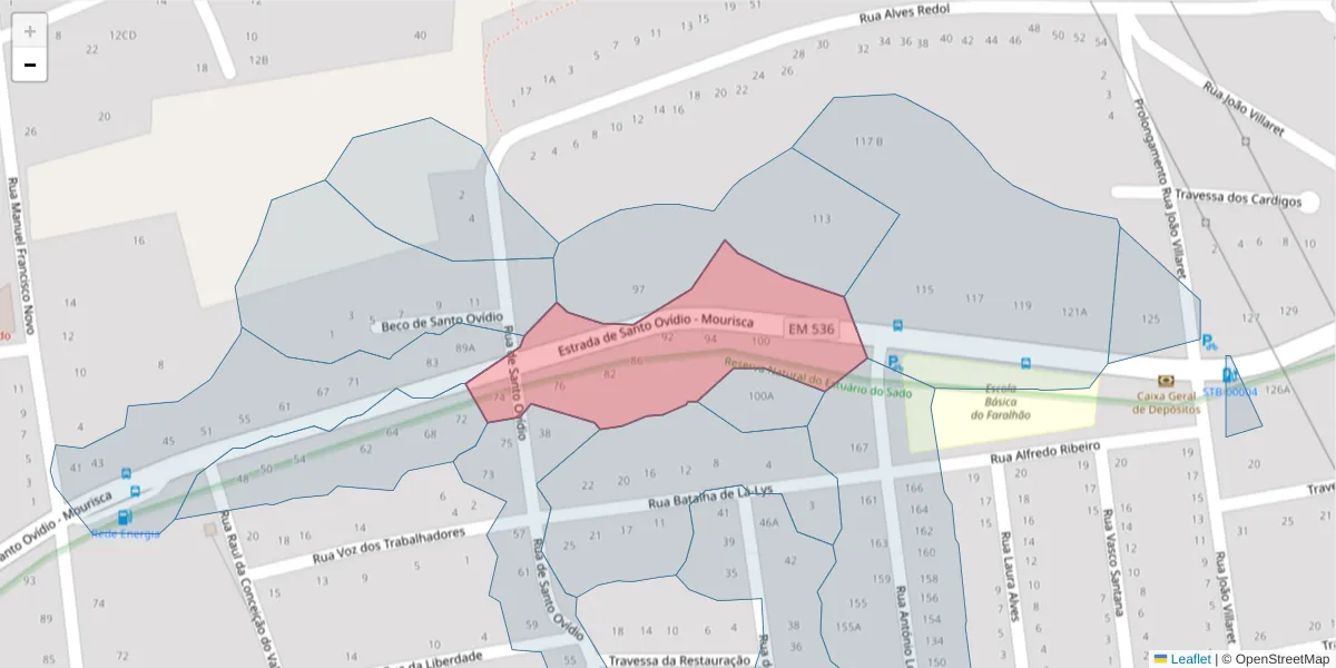 Mapa detalhado do código postal 2910-182 com limites, códigos postais vizinhos e agências dos correios