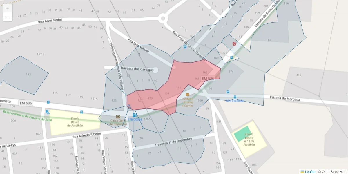 Mapa detalhado do código postal 2910-190 com limites, códigos postais vizinhos e agências dos correios