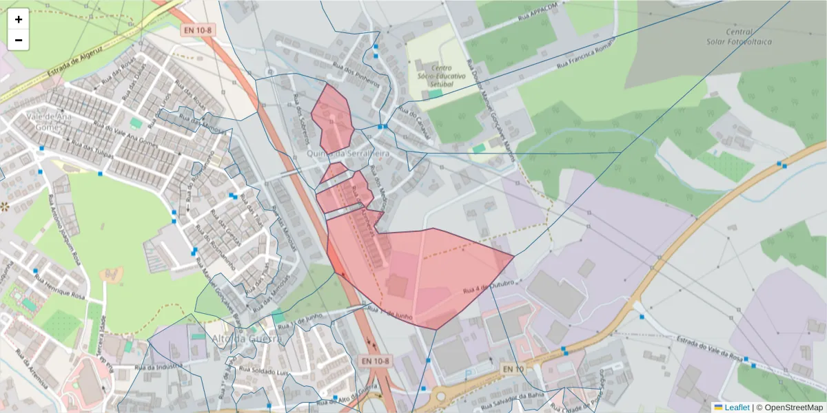 Mapa detalhado do código postal 2910-195 com limites, códigos postais vizinhos e agências dos correios