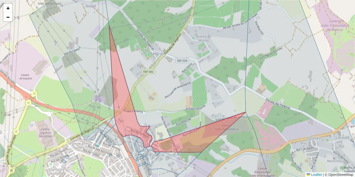 Mapa detalhado do código postal 2910-197 com limites, códigos postais vizinhos e agências dos correios
