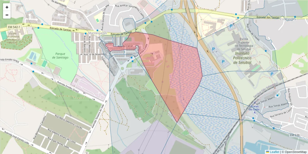 Mapa detalhado do código postal 2910-235 com limites, códigos postais vizinhos e agências dos correios