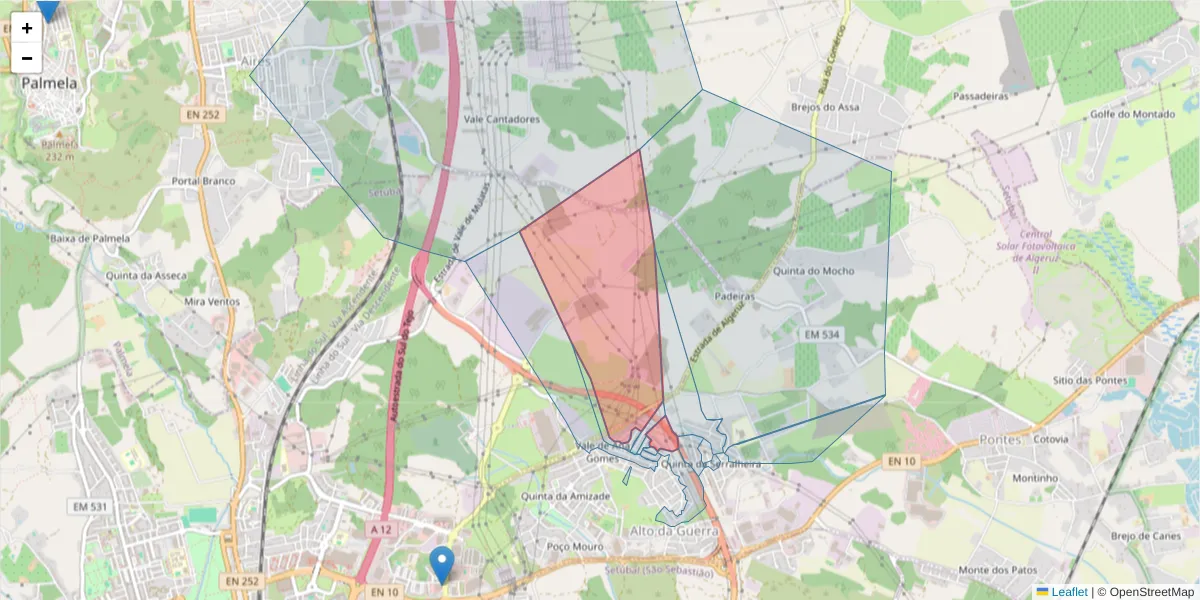 Mapa detalhado do código postal 2910-250 com limites, códigos postais vizinhos e agências dos correios