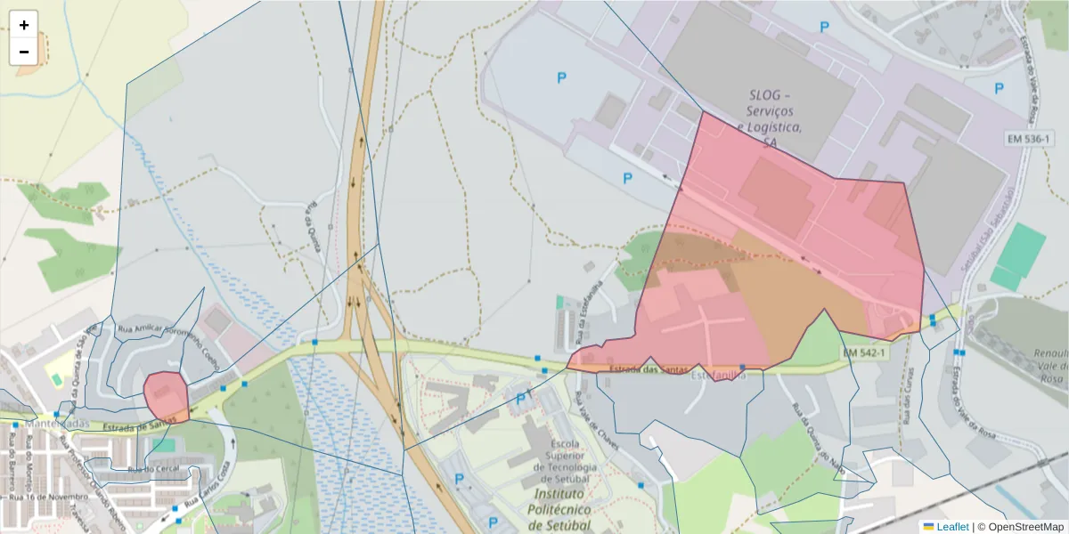 Mapa detalhado do código postal 2910-255 com limites, códigos postais vizinhos e agências dos correios