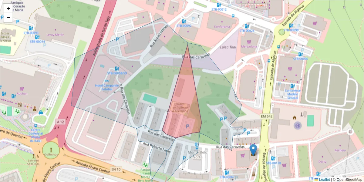 Mapa detalhado do código postal 2910-274 com limites, códigos postais vizinhos e agências dos correios