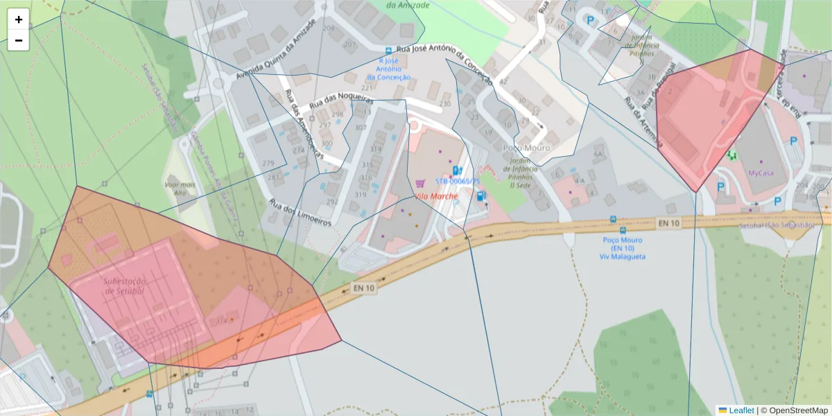 Mapa detalhado do código postal 2910-297 com limites, códigos postais vizinhos e agências dos correios