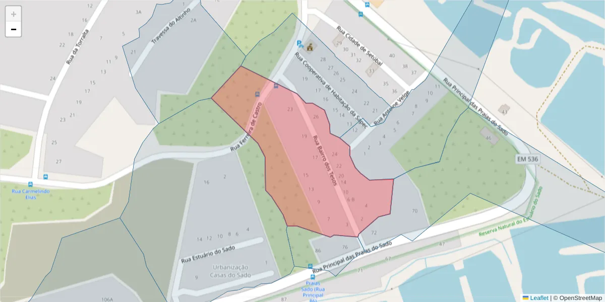 Mapa detalhado do código postal 2910-323 com limites, códigos postais vizinhos e agências dos correios