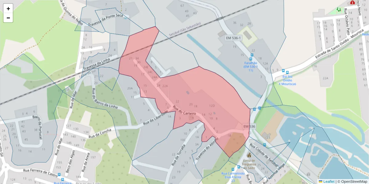 Mapa detalhado do código postal 2910-325 com limites, códigos postais vizinhos e agências dos correios