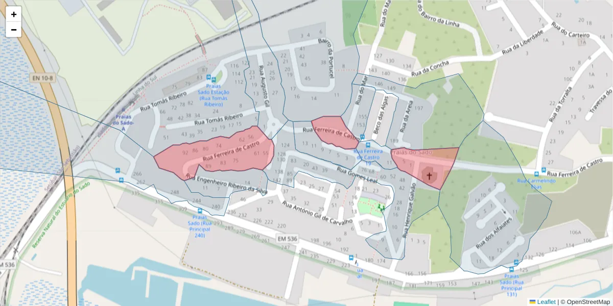 Mapa detalhado do código postal 2910-330 com limites, códigos postais vizinhos e agências dos correios