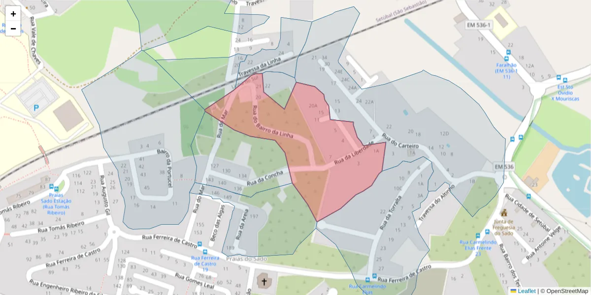 Mapa detalhado do código postal 2910-335 com limites, códigos postais vizinhos e agências dos correios