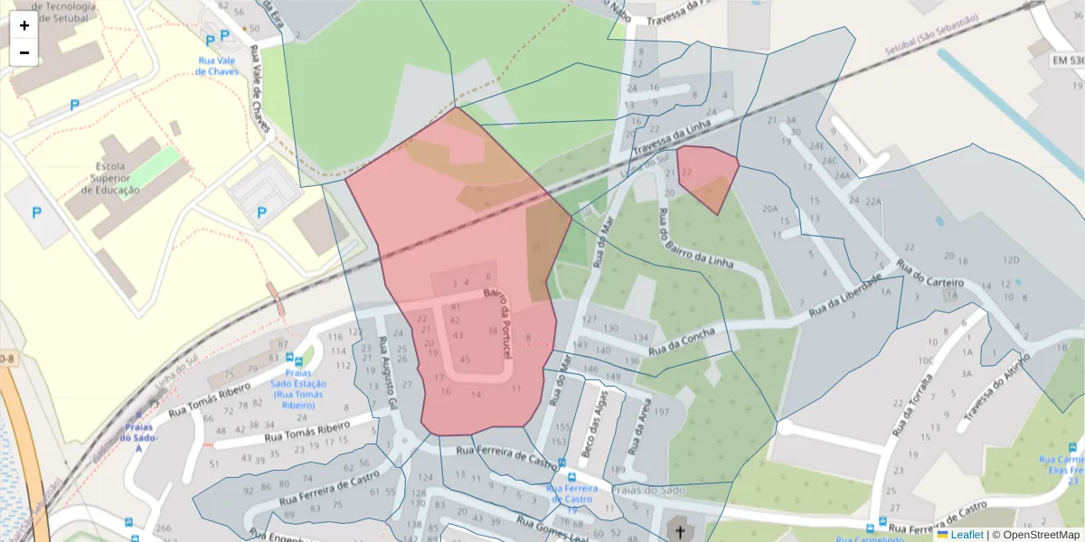 Mapa detalhado do código postal 2910-338 com limites, códigos postais vizinhos e agências dos correios