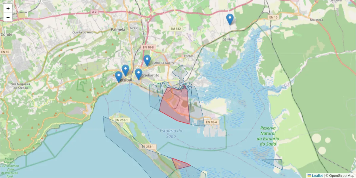 Mapa detalhado do código postal 2910-345 com limites, códigos postais vizinhos e agências dos correios