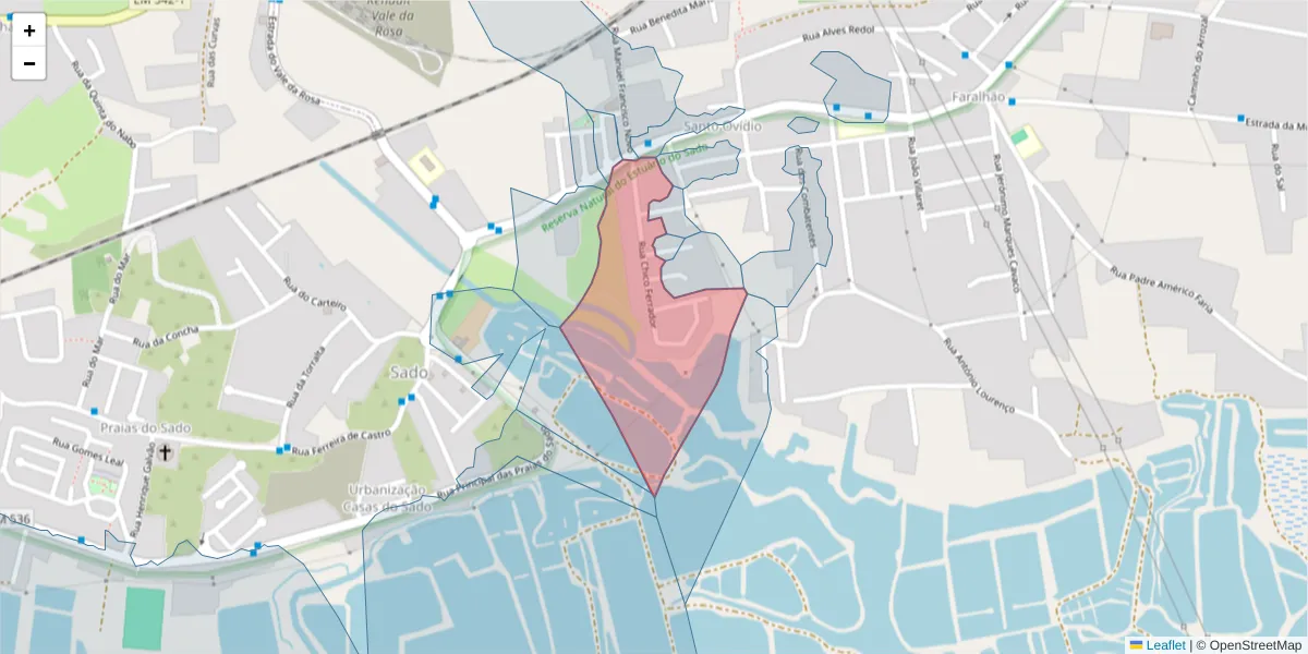 Mapa detalhado do código postal 2910-360 com limites, códigos postais vizinhos e agências dos correios