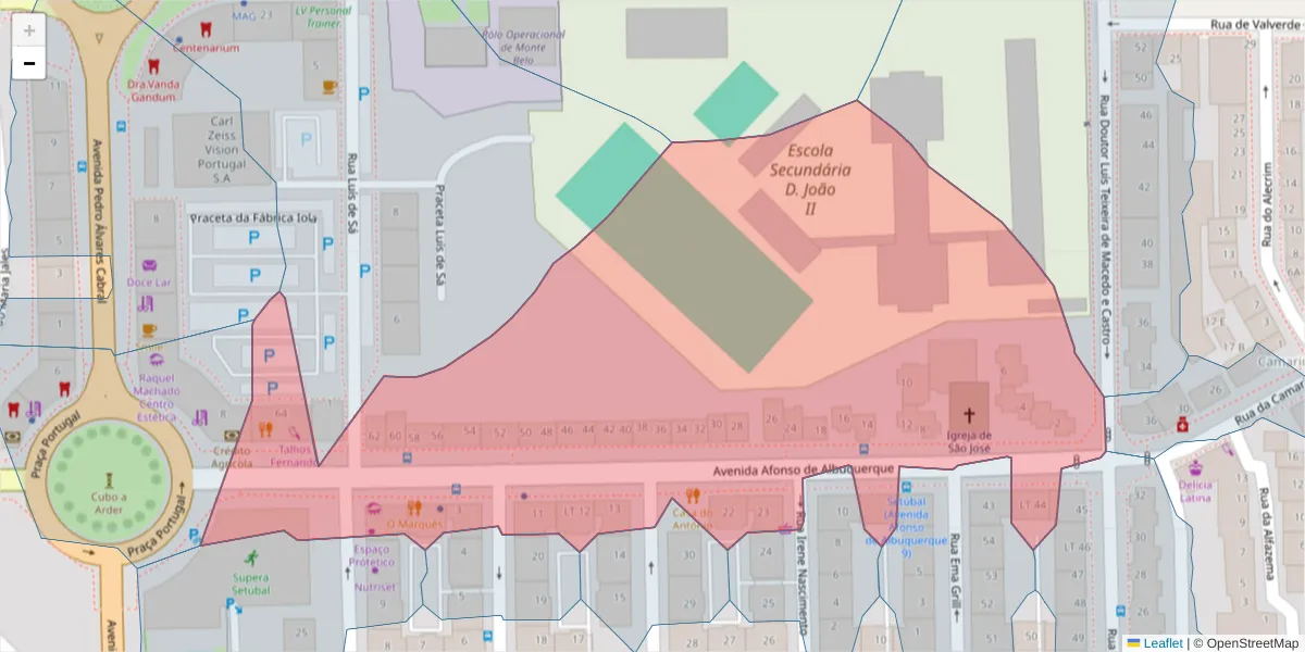 Mapa detalhado do código postal 2910-374 com limites, códigos postais vizinhos e agências dos correios