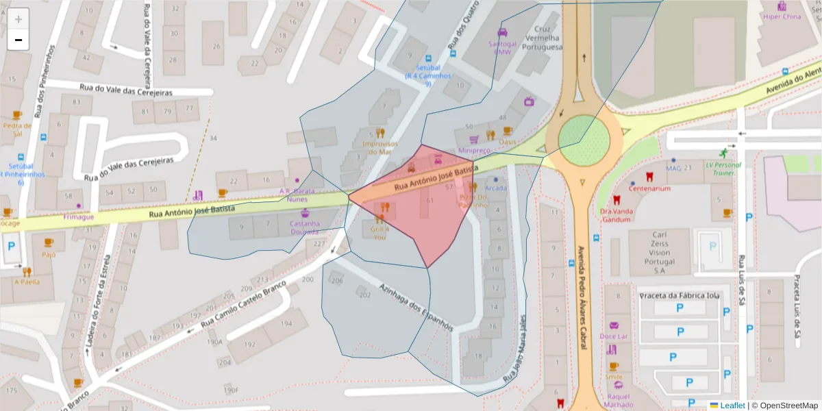 Mapa detalhado do código postal 2910-385 com limites, códigos postais vizinhos e agências dos correios