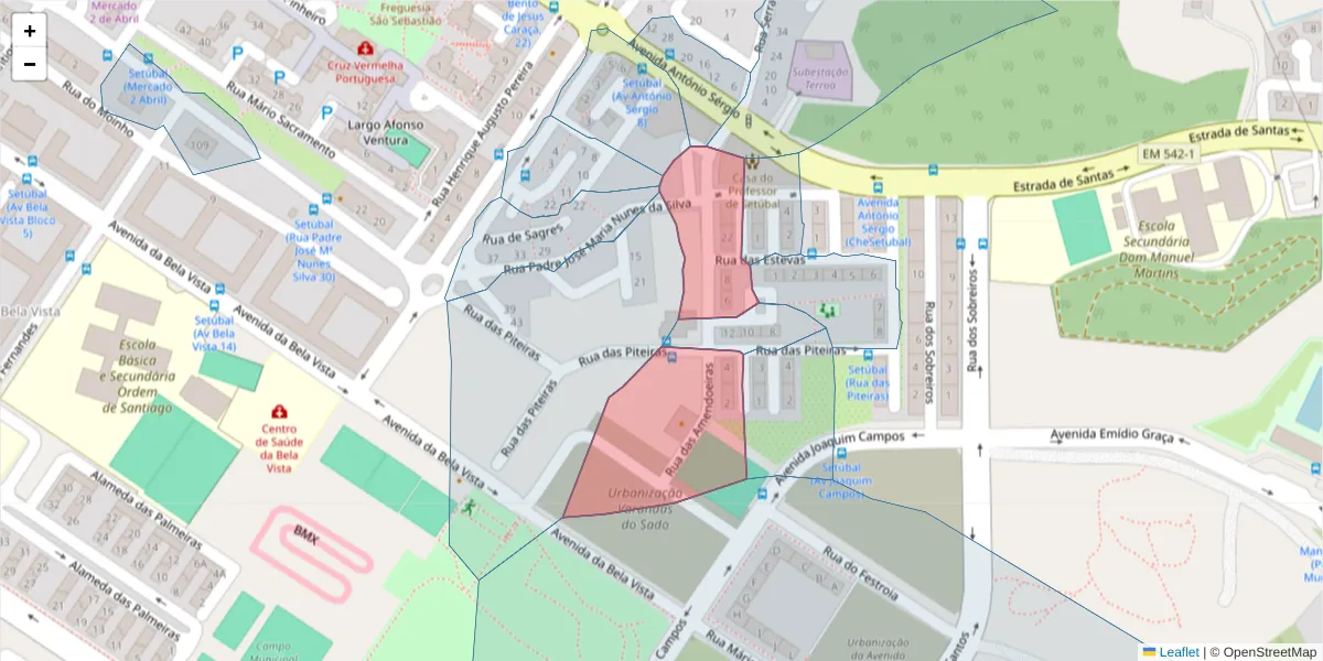 Mapa detalhado do código postal 2910-391 com limites, códigos postais vizinhos e agências dos correios