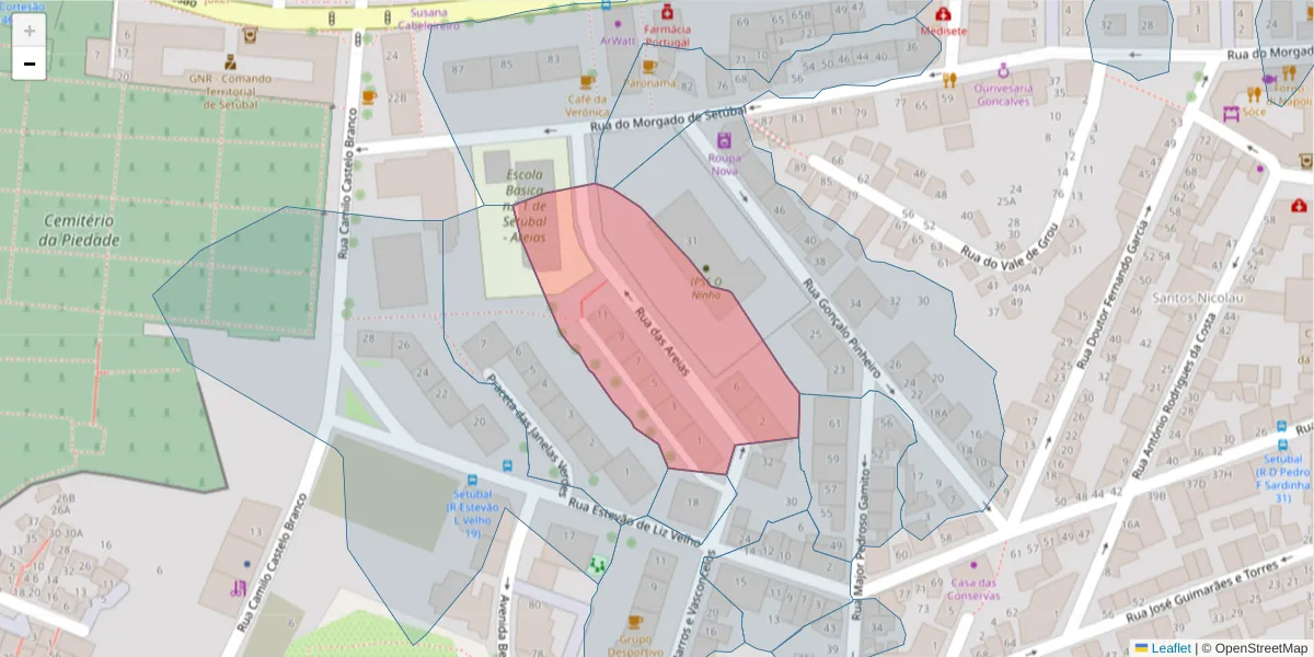 Mapa detalhado do código postal 2910-407 com limites, códigos postais vizinhos e agências dos correios