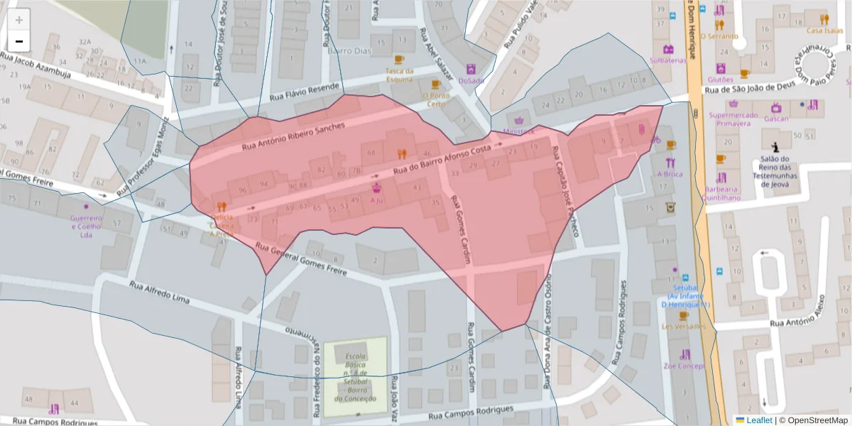 Mapa detalhado do código postal 2910-414 com limites, códigos postais vizinhos e agências dos correios