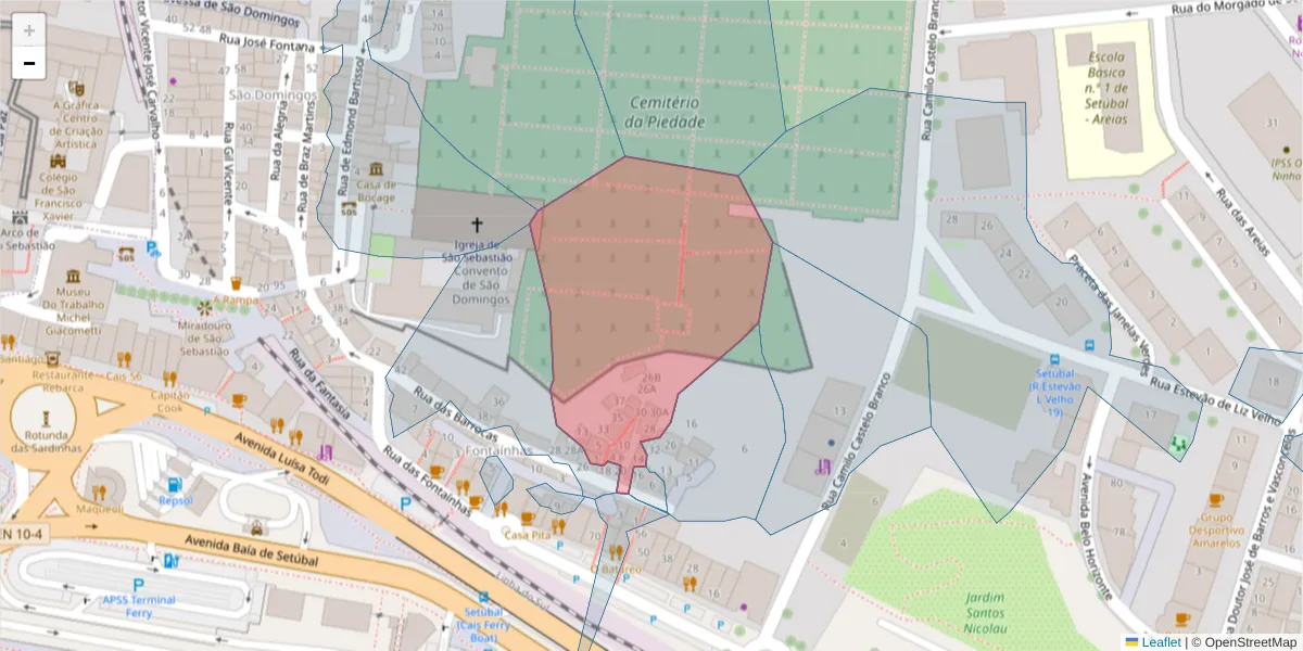 Mapa detalhado do código postal 2910-418 com limites, códigos postais vizinhos e agências dos correios