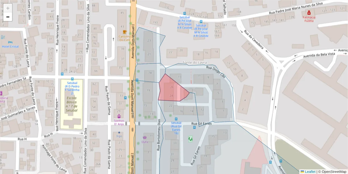Mapa detalhado do código postal 2910-419 com limites, códigos postais vizinhos e agências dos correios
