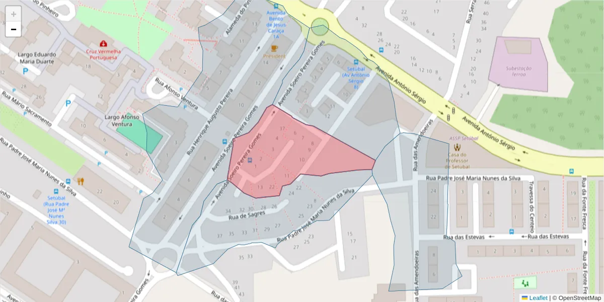 Mapa detalhado do código postal 2910-434 com limites, códigos postais vizinhos e agências dos correios