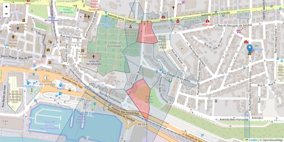 Mapa detalhado do código postal 2910-443 com limites, códigos postais vizinhos e agências dos correios