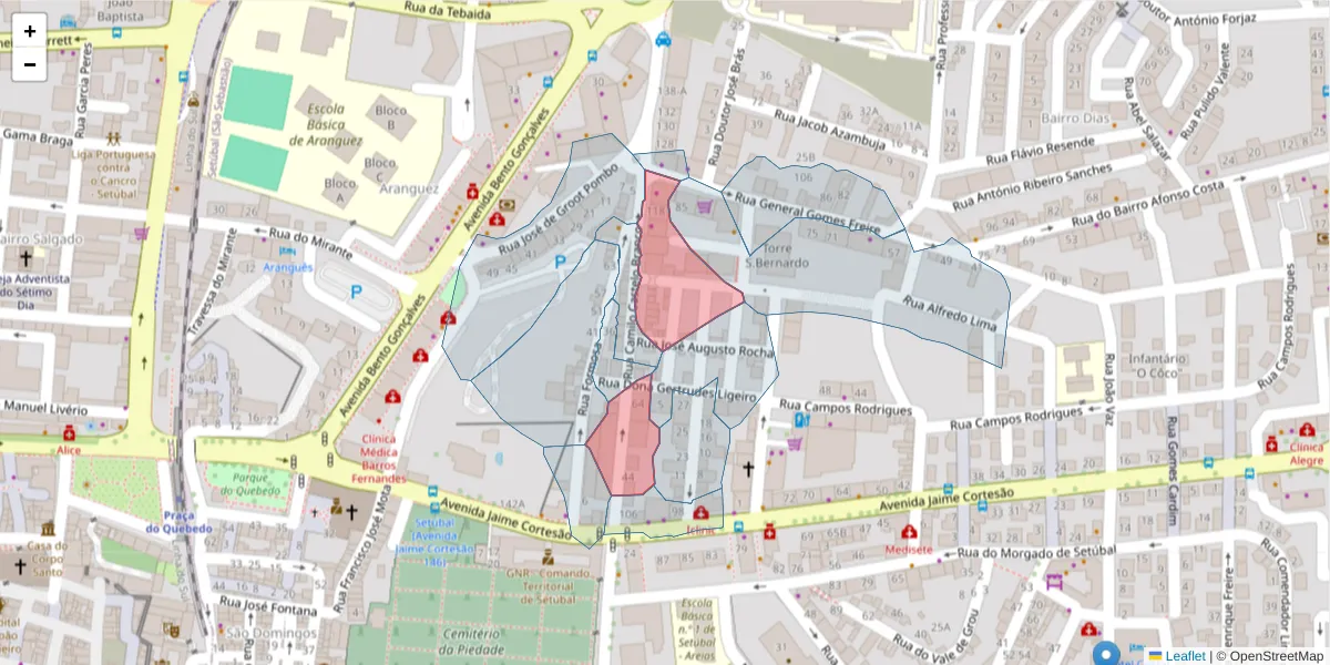 Mapa detalhado do código postal 2910-445 com limites, códigos postais vizinhos e agências dos correios