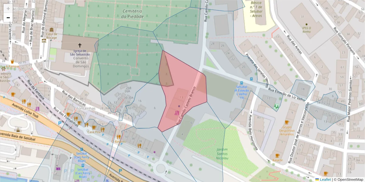 Mapa detalhado do código postal 2910-449 com limites, códigos postais vizinhos e agências dos correios