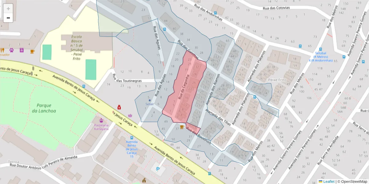 Mapa detalhado do código postal 2910-455 com limites, códigos postais vizinhos e agências dos correios