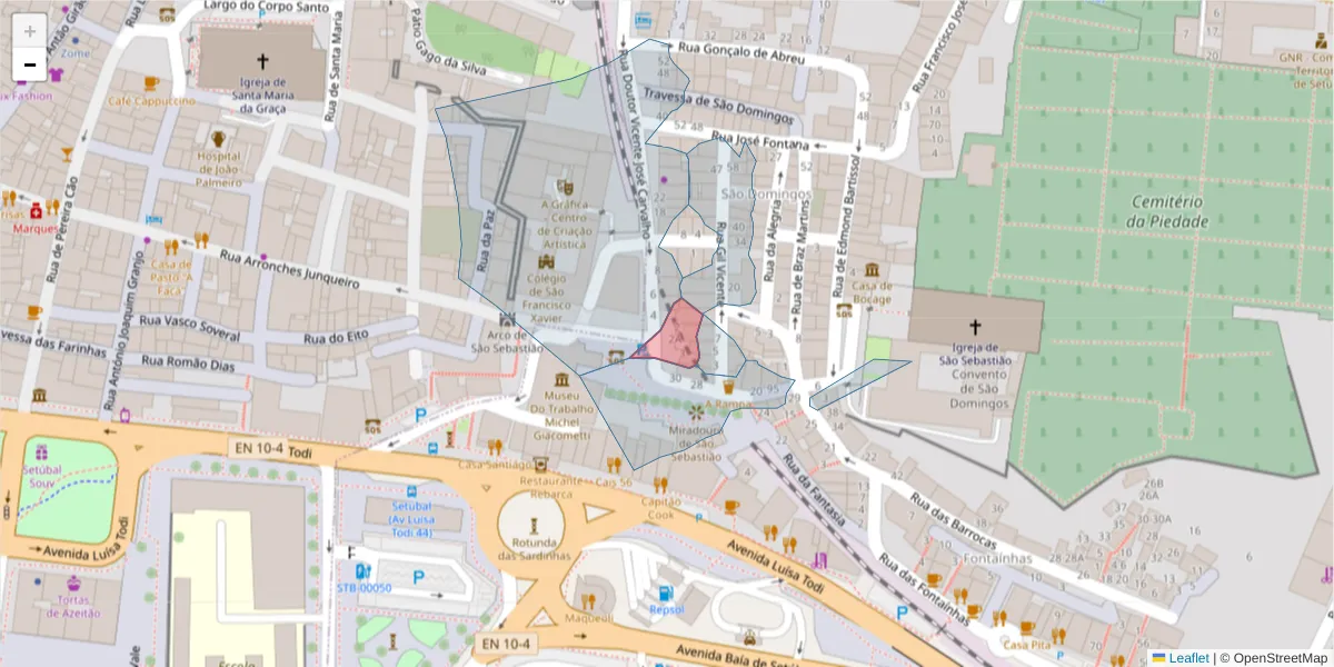Mapa detalhado do código postal 2910-470 com limites, códigos postais vizinhos e agências dos correios