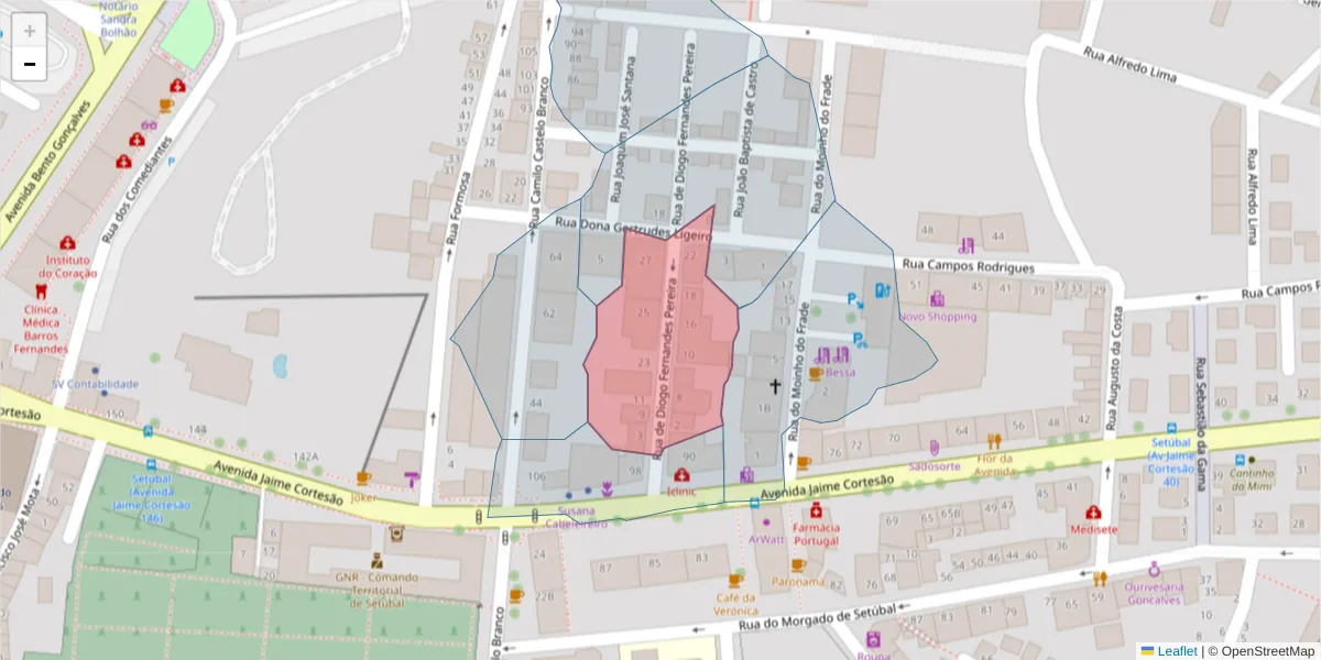 Mapa detalhado do código postal 2910-473 com limites, códigos postais vizinhos e agências dos correios