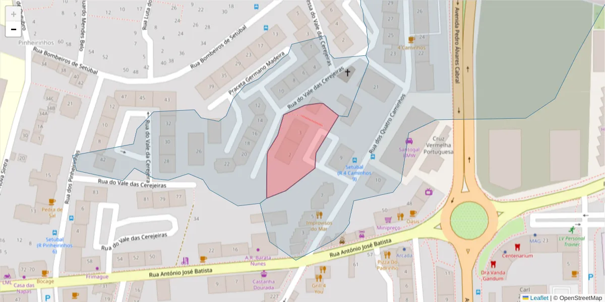 Mapa detalhado do código postal 2910-475 com limites, códigos postais vizinhos e agências dos correios