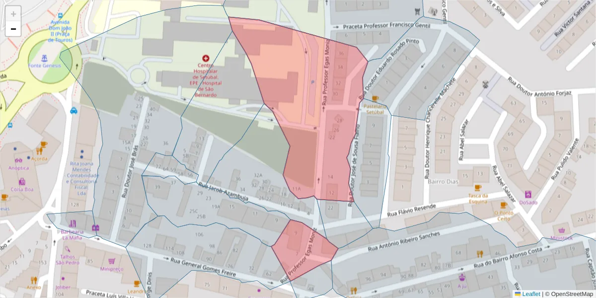 Mapa detalhado do código postal 2910-483 com limites, códigos postais vizinhos e agências dos correios