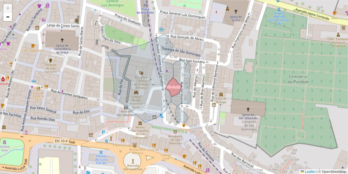 Mapa detalhado do código postal 2910-491 com limites, códigos postais vizinhos e agências dos correios