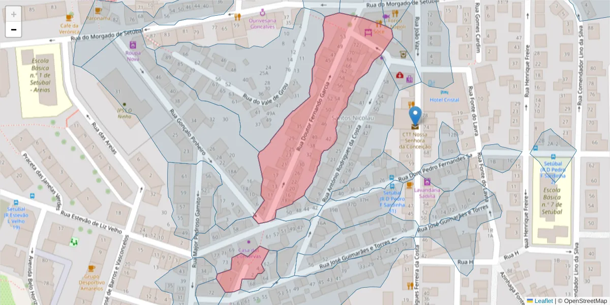 Mapa detalhado do código postal 2910-492 com limites, códigos postais vizinhos e agências dos correios