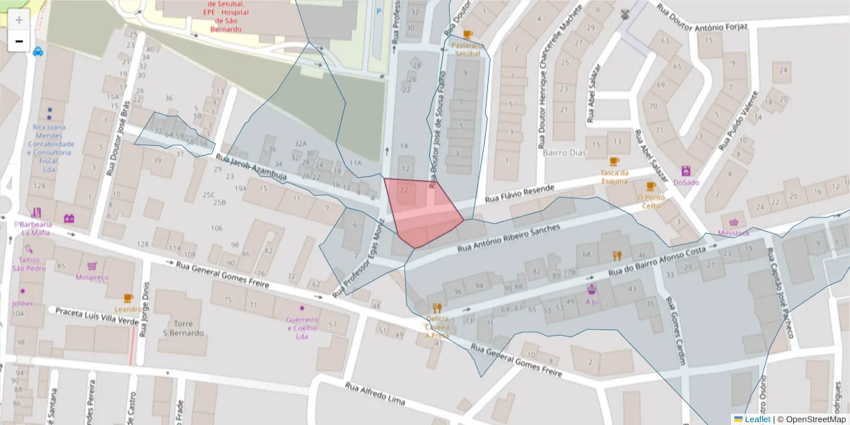 Mapa detalhado do código postal 2910-495 com limites, códigos postais vizinhos e agências dos correios