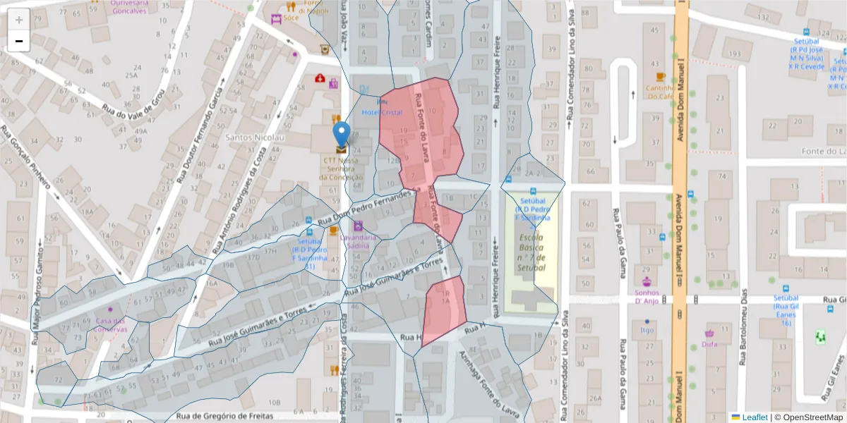 Mapa detalhado do código postal 2910-497 com limites, códigos postais vizinhos e agências dos correios
