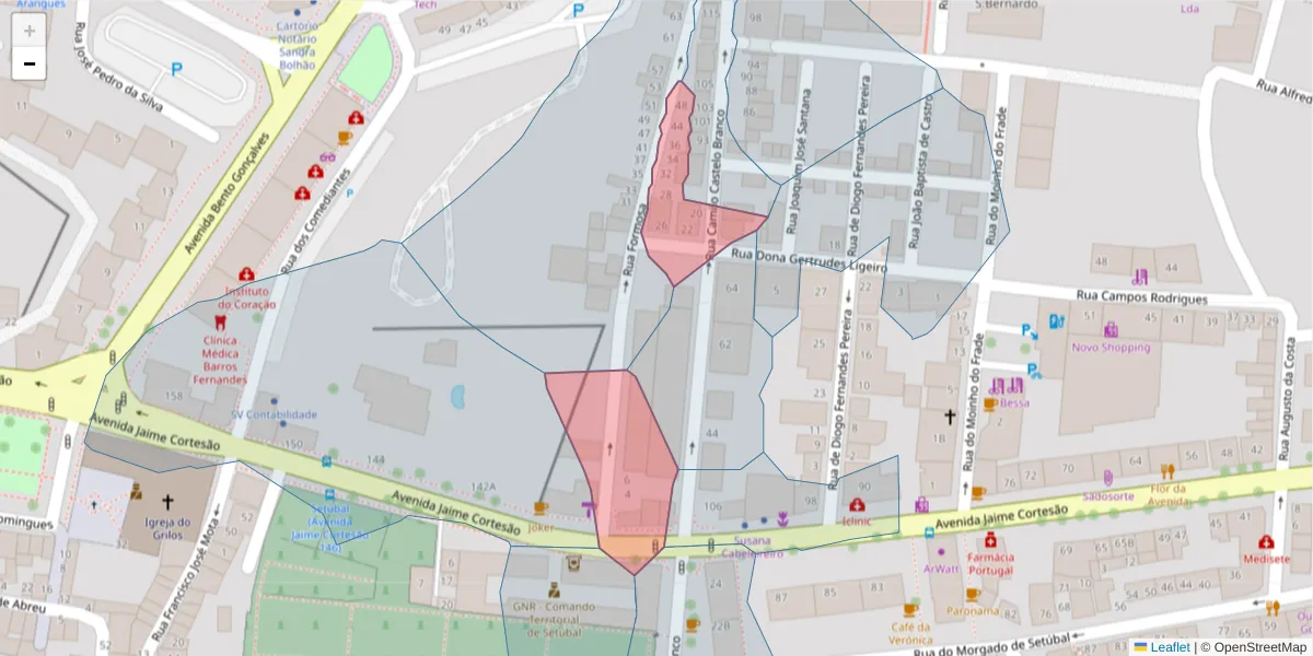 Mapa detalhado do código postal 2910-500 com limites, códigos postais vizinhos e agências dos correios
