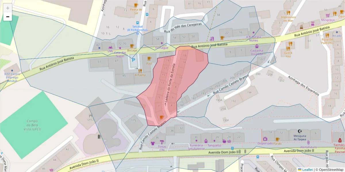 Mapa detalhado do código postal 2910-504 com limites, códigos postais vizinhos e agências dos correios