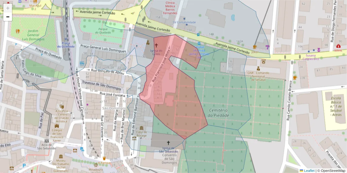 Mapa detalhado do código postal 2910-507 com limites, códigos postais vizinhos e agências dos correios