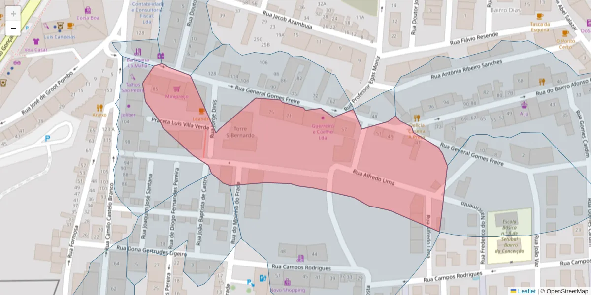 Mapa detalhado do código postal 2910-518 com limites, códigos postais vizinhos e agências dos correios