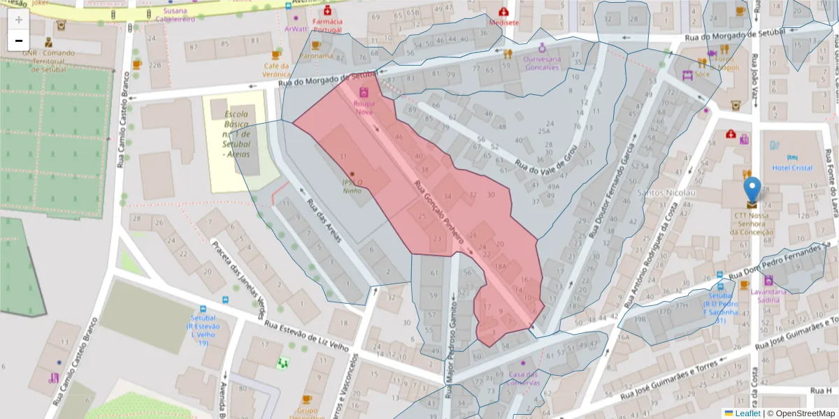 Mapa detalhado do código postal 2910-519 com limites, códigos postais vizinhos e agências dos correios