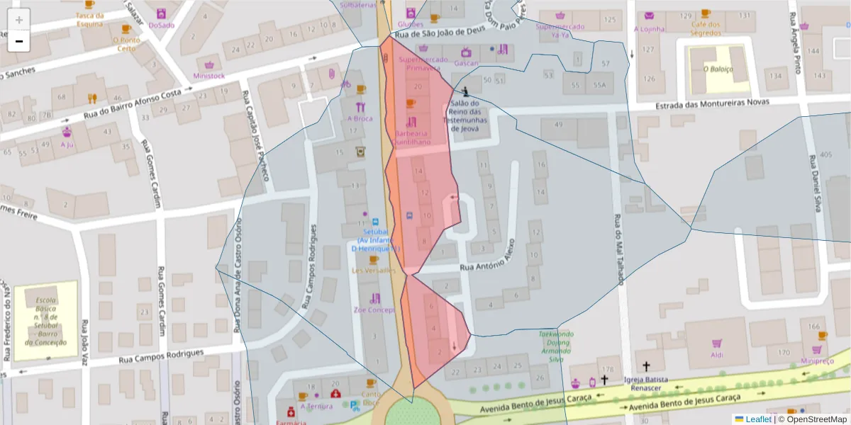 Mapa detalhado do código postal 2910-528 com limites, códigos postais vizinhos e agências dos correios