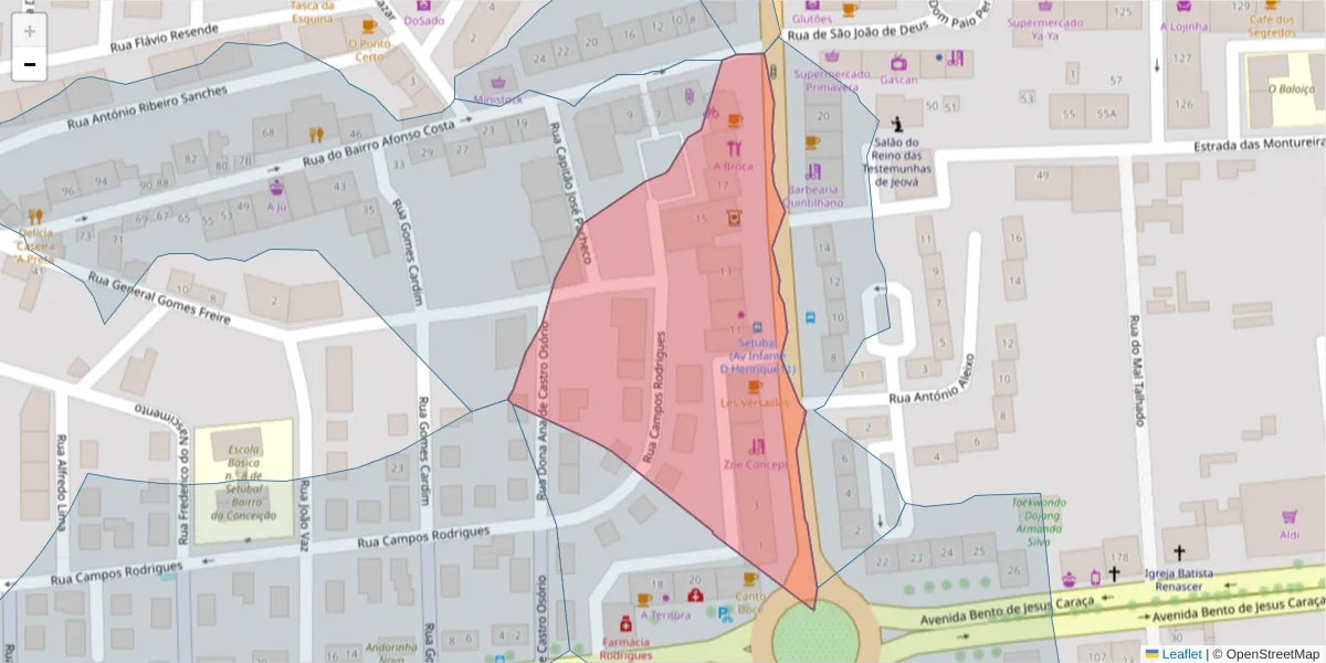 Mapa detalhado do código postal 2910-530 com limites, códigos postais vizinhos e agências dos correios