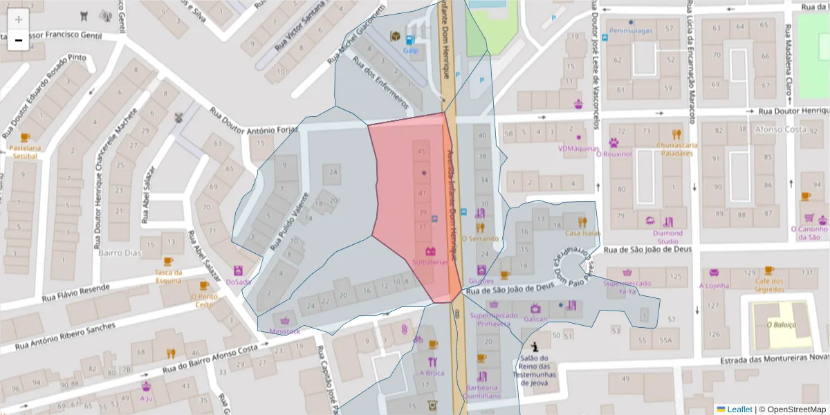 Mapa detalhado do código postal 2910-531 com limites, códigos postais vizinhos e agências dos correios