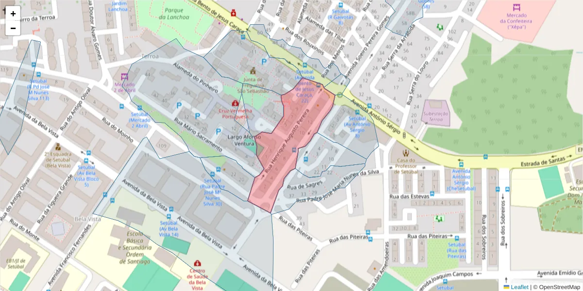 Mapa detalhado do código postal 2910-532 com limites, códigos postais vizinhos e agências dos correios