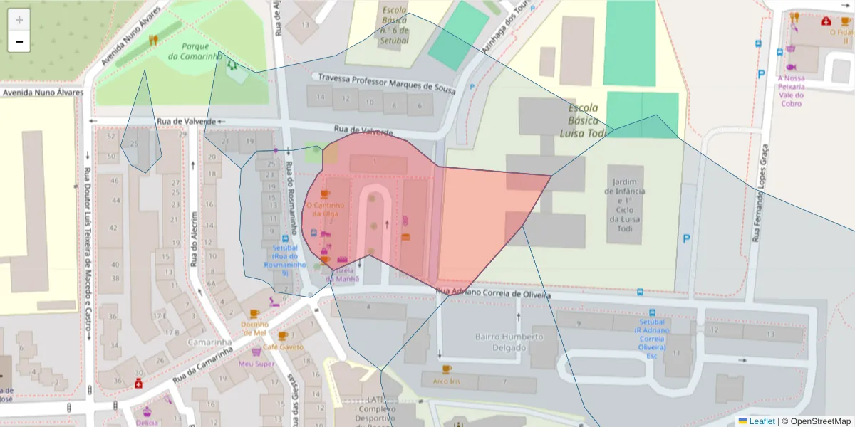 Mapa detalhado do código postal 2910-534 com limites, códigos postais vizinhos e agências dos correios