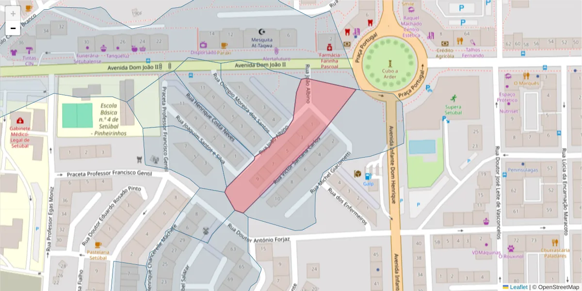 Mapa detalhado do código postal 2910-545 com limites, códigos postais vizinhos e agências dos correios